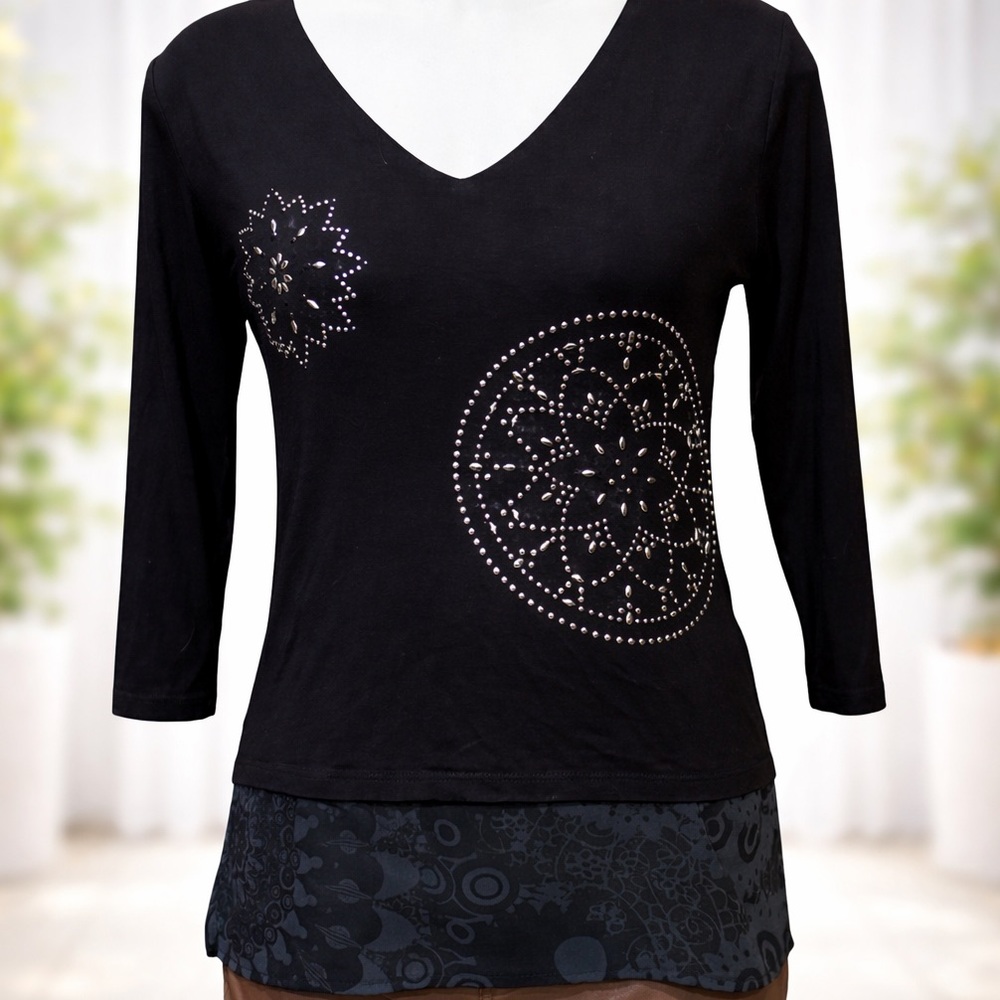 Desigual Black V-Neck Studded Mandala Top | 3/4 Sleeve Designer Tee Size Medium